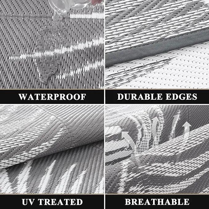 Pauwer Waterproof Outdoor Rug 8x10, Reversible Plastic Straw Patio Camping Rug, Indoor Outdoor RV Mat Carpet for Deck, Camper, Porch, Balcony, Backyard, Picnic, Leaf Grey by GreenHaven Gardens