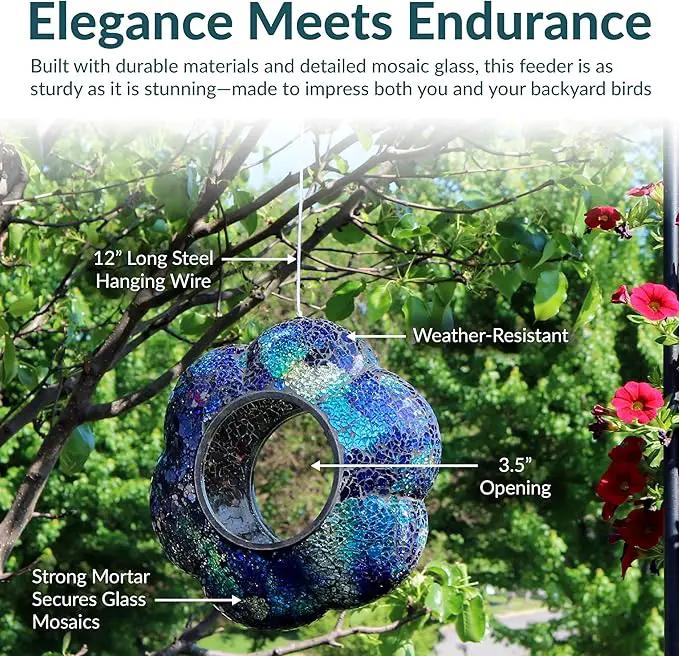 Sunnydaze 10-Inch Glass Mosaic Hanging Bird Feeder for Outdoors - Fly-Through Wild Bird Feeder - Indigo Flower Mosaic by GreenHaven Gardens