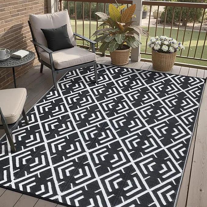Outdoor Rug Mats, Large Waterproof Outdoor Area Rug, Reversible Portable Outdoor Plastic Straw Carpet for RV Deck Camping Front Door Indoor Outside Porch Picnic (5x8ft Geometric Black&White) by GreenHaven Gardens
