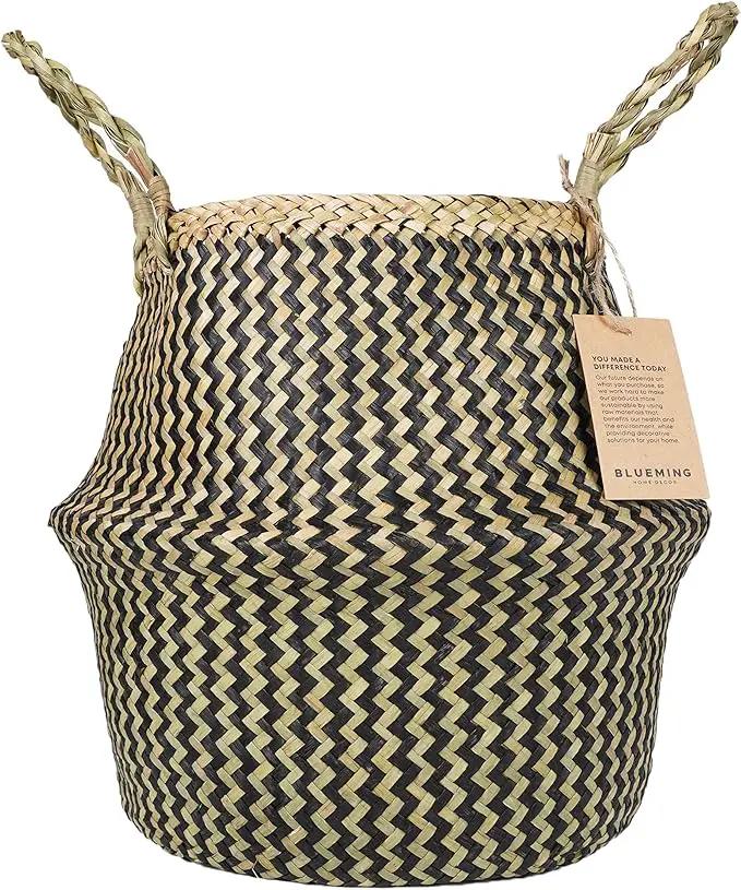Plant Baskets – Large Seagrass Pot for Tall Indoor Faux Olive Tree, Woven Wicker Rattan Planter for Boho Basket 9-10 Inch (Black, Large) by GreenHaven Gardens
