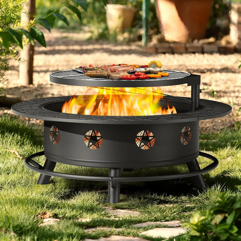 43 Inch Fire Pit with BBQ Grill, Wood Burning Fire Pits for Outside with Lid & Poker, Extra Large Heavy Duty Firepits, BBQ & Outdoor Firepit & Round Metal Table 3 in 1 for Bonfire, Patio, Picnic by GreenHaven Gardens