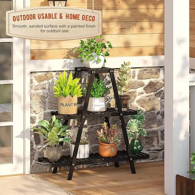 Plant Stand Indoor Plant Shelf Outdoor bamboo Plant Rack, 3 Tiers Ladder Plant Holder Flower Stand for Living Room Balcony Garden Patio,Living Room Boho Home Decor for Gardening Gifts (Black) by GreenHaven Gardens
