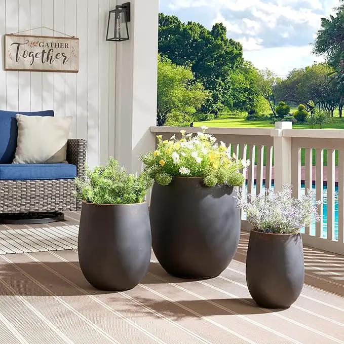 17.7"+13.3"+9.5" Dia Round Concrete Planter Set of 3, Large Outdoor Planter, Black with Gold Rim, Flower Pots with Drainage Holes for Garden, Patio, Home, Office by GreenHaven Gardens