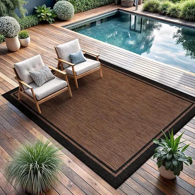 CAMILSON Indoor Outdoor Rug, 6x9 Bordered Nut Brown Black Modern Area Rugs for Indoor and Outdoor Patios, Kitchen and Hallway Mats, Washable Porch Deck Outside Carpet (Bordered Nut Brown Black, 6 x 9) by GreenHaven Gardens