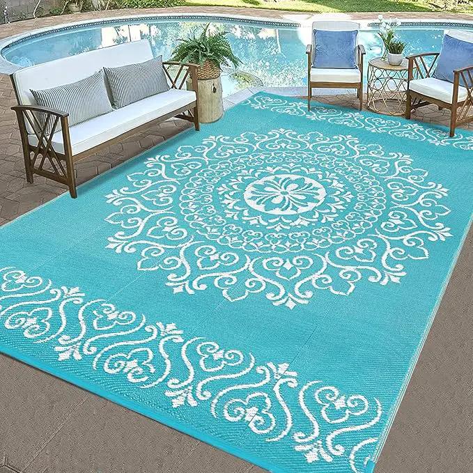 Pauwer Waterproof Outdoor Rug 5x8, Reversible Plastic Straw Patio Camping Rug, Indoor Outdoor RV Mat Carpet for Deck, Camper, Porch, Balcony, Backyard, Picnic, Floral Teal by GreenHaven Gardens