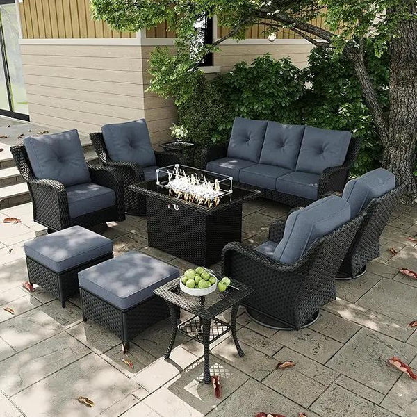 10 Pieces Outdoor Patio Furniture Sets with Rocking Swivel Chairs with 6-inch Thick Cushion and Fire Pit Table for Deck Lawn