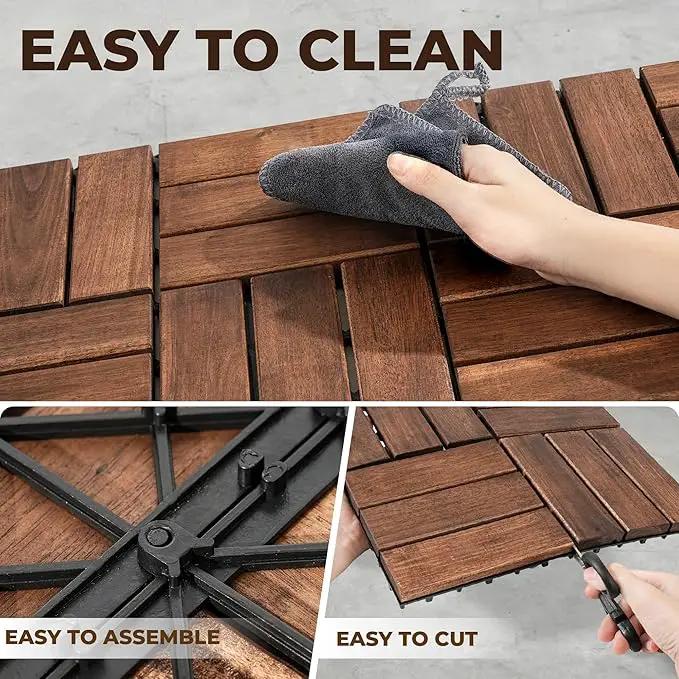 Pack of 10 Deck Tiles - 12"x12" Interlocking Natural Solid Acacia Wood for Outdoor & Indoor, Patio Garden, Balcony, Poolside - Dark Brown Color by GreenHaven Gardens