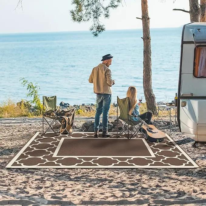 GENIMO 6' x 9' Outdoor Rug Waterproof for Patio Decor, Foldable Reversible Plastic Straw Area Rugs Mat for Camper, Outside Carpet for Rv, Deck, Porch, Picnic, Beach, Balcony, Coffee & Beige by GreenHaven Gardens
