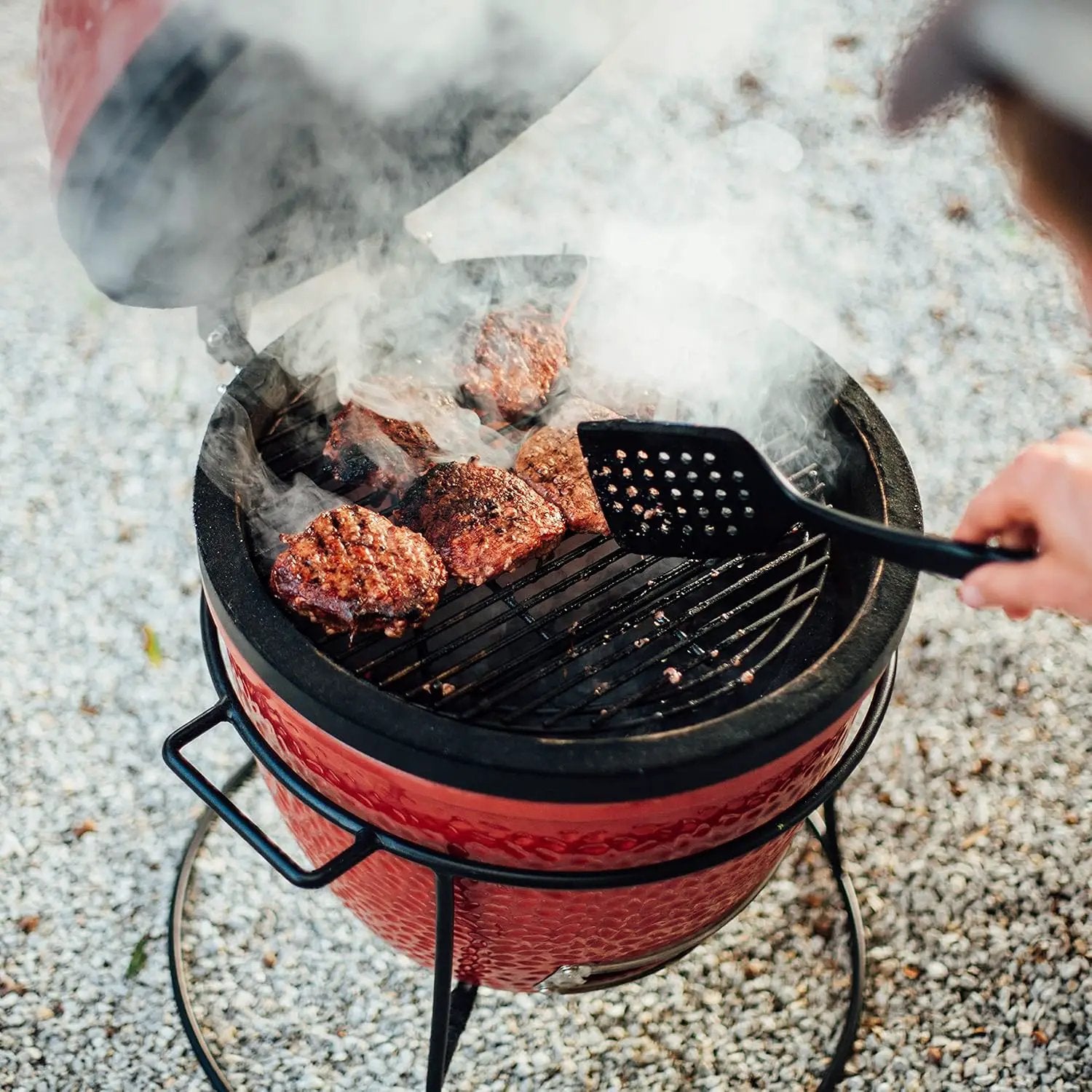 Kamado Joe KJ13RH Joe Jr. 13.5 inch Portable Charcoal Grill with Cast Iron Cart and Heat Deflectors, Blaze Red & Classic Accessories Veranda Water-Resistant 21 Inch Kamado Mini Ceramic BBQ Grill Cover by GreenHaven Gardens