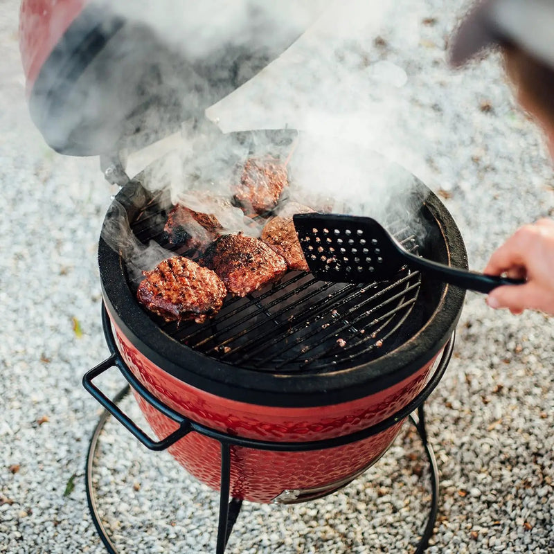 Kamado Joe KJ13RH Joe Jr. 13.5 inch Portable Charcoal Grill with Cast Iron Cart and Heat Deflectors, Blaze Red & Classic Accessories Veranda Water-Resistant 21 Inch Kamado Mini Ceramic BBQ Grill Cover by GreenHaven Gardens