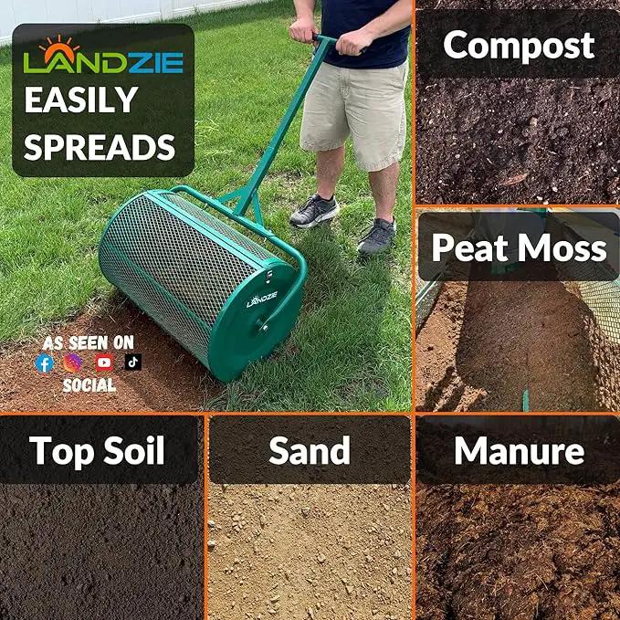 LANDZIE - The Original 24 Inch Compost and Peat Moss Spreader Roller - Top Soil, Sand, Manure, Mulch, Top Dressing Lawn and Garden Spreader by GreenHaven Gardens