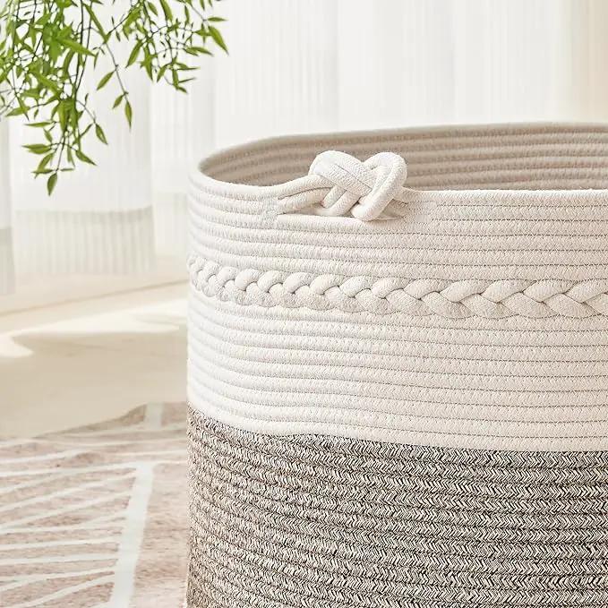 KAKAMAY Large Blanket Basket (20"x13"),Woven Baskets for storage Baby Laundry Hamper, Cotton Rope Blanket Basket for Living Room, Laundry, Nursery, Pillows, Baby Toy chest (White/Beige) by GreenHaven Gardens