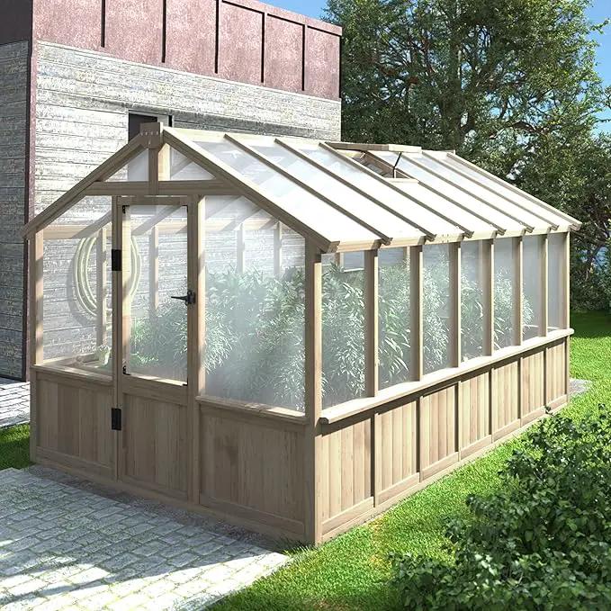 8x14 FT Outdoor Greenhouse Kit, 6MM Thick Polycarbonate Panel Wooden Walk-in Green House with Adjustable Roof Vents & Roof Vents, Backyard Garden, Light Mocha Brown by GreenHaven Gardens