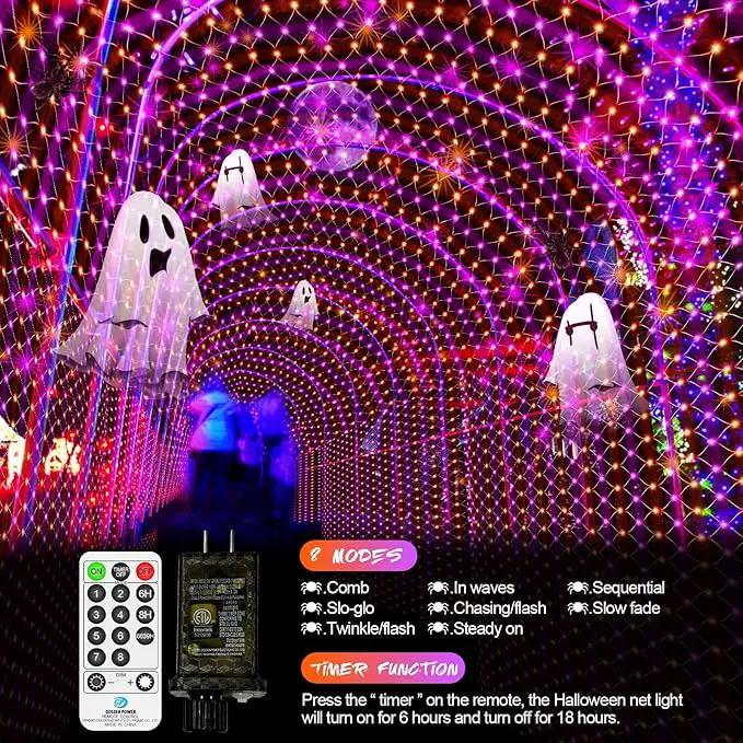 JXLEDAYY 200 LED Halloween Net Lights Outdoor Waterproof 3M*2M Mesh Lights Fairy String Lights Plug in with Timer 8 Modes for Bush Window Fence Garden Yard Roof Wall Decor-Purple and Orange by GreenHaven Gardens