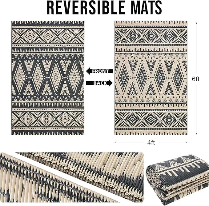 OLANLY Outdoor Rug Waterproof 4x6 ft, Reversible Outdoor Plastic Straw Rug, Boho Patio Rug, Indoor Outdoor Carpet, RV Mat Outside for Patio, Camp, Picnic, Balcony, Deck, Backyard, Black & Beige by GreenHaven Gardens