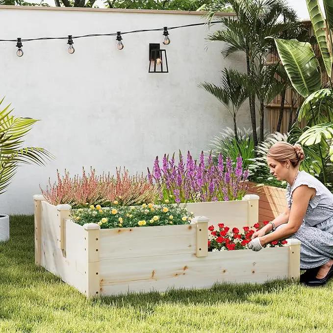 HAPPYGRILL 3-Tier Raised Garden Bed, Wood Elevated Planter Box w/Open-Ended Base, 3 Planting Depths& 2 Arrangement Options for Yard Lawn, Outdoor Planter Raised Beds for Vegetables Herbs Fruits by GreenHaven Gardens
