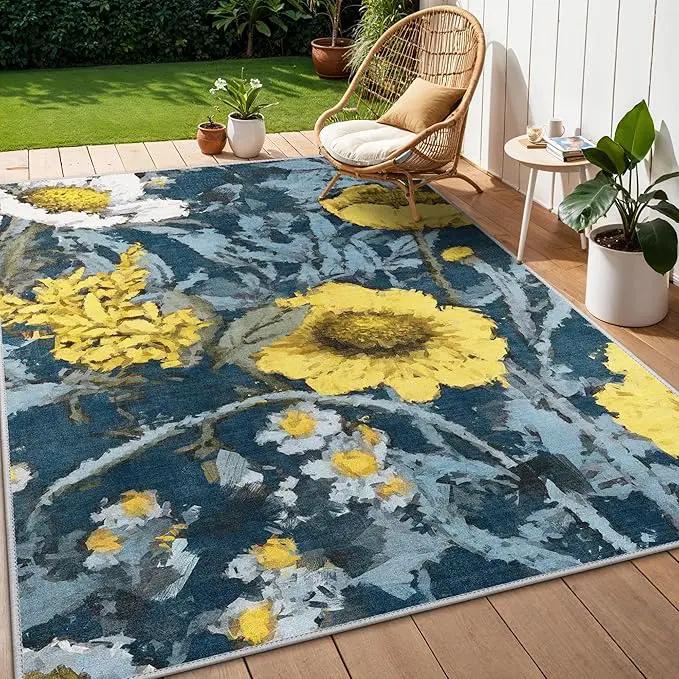 GENIMO Indoor Outdoor Area Rug 8' X 10' Waterproof, Washable Patio Rug Non Shedding, Easy Cleaning Floral Outdoor Carpet for Living Room, Bedroom, Dining Room, Balcony, Deck, RV, Backyard, Blue Yellow by GreenHaven Gardens
