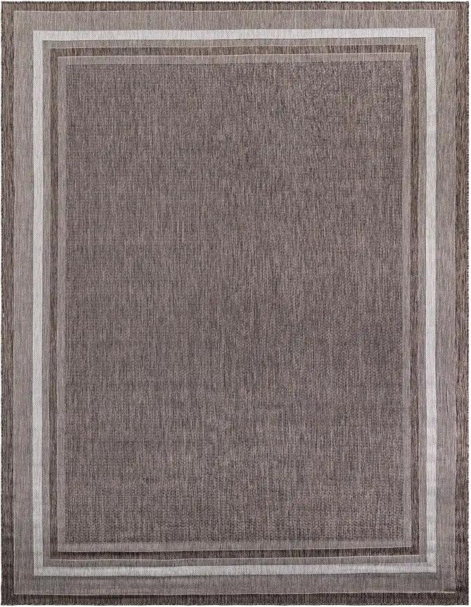 Unique Loom Outdoor Border Collection Area Rug - Soft Border (10' x 14' 1" Rectangle Brown/Ivory) by GreenHaven Gardens