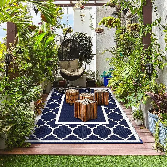 GENIMO 9' x 12' Outdoor Rug Waterproof for Patio Decor, Foldable Reversible Plastic Straw Area Rugs Mat for Camper, Outside Carpet for Rv, Deck, Porch, Picnic, Beach, Balcony, Blue & White by GreenHaven Gardens