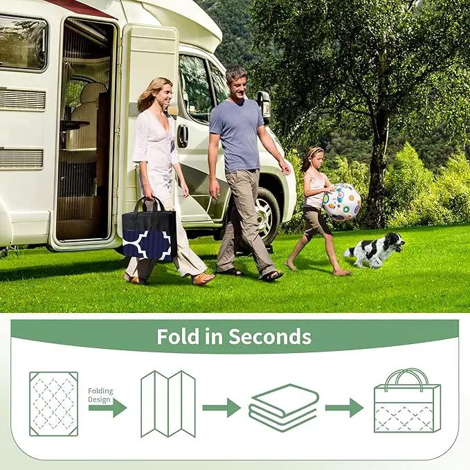 GENIMO 8' Round Outdoor Rug Waterproof for Patio Decor, Foldable Reversible Plastic Straw Area Rugs Mat for Rv, Outside Carpet for Camper, Deck, Picnic, Beach, Balcony, Camper, Blue & White by GreenHaven Gardens