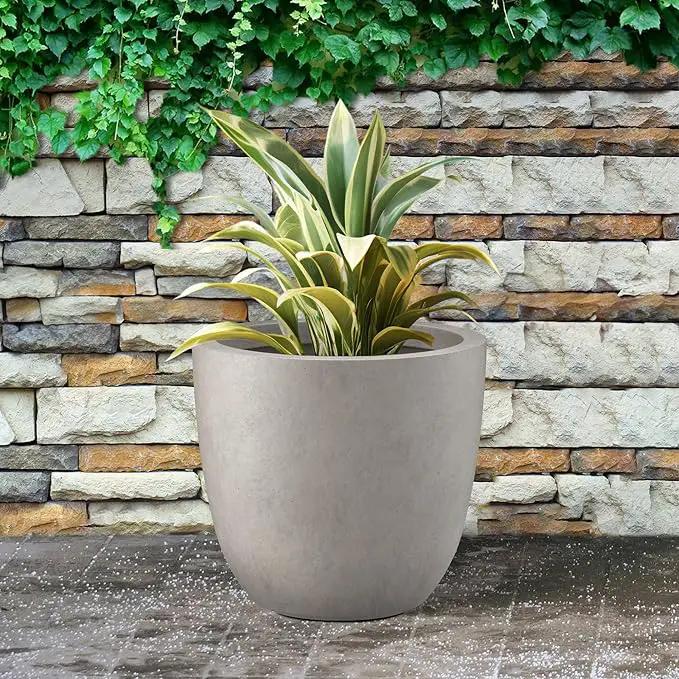 Kante 14 Inch Dia Round Concrete Planter, Indoor Outdoor Large Plant Pot with Drainage Hole and Rubber Plug for Home Patio Garden, Weathered Concrete by GreenHaven Gardens
