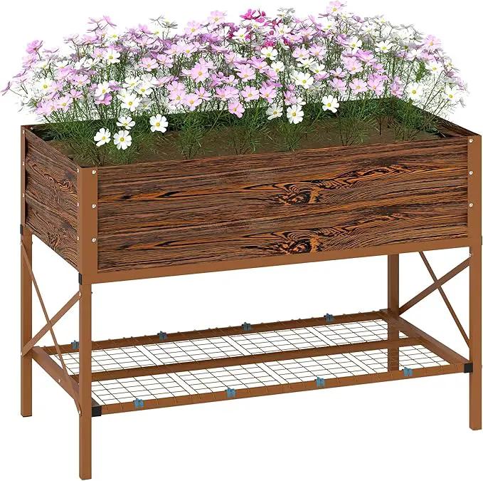 Outsunny Raised Garden Bed with Galvanized Steel Frame, Storage Shelf and Bed Liner, Elevated Planter Box with Legs for Vegetables, Flowers, Herbs, Dark Brown by GreenHaven Gardens
