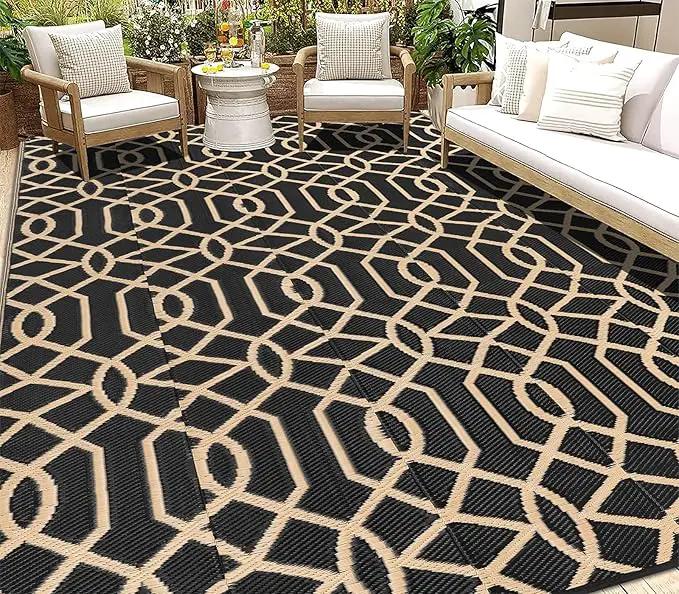 HEBE Outdoor Rug Waterproof 9x12, Reversible Plastic Straw Rug RV Camping Rug, Indoor Outdoor Patio Mat Clearance, Outside Carpet for Porch,Deck,Camper,Balcony,Backyard,Picnic by GreenHaven Gardens
