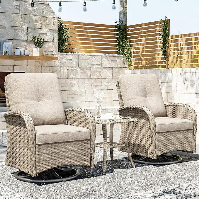 Joyside Outdoor Swivel Rocker Chairs, 3 Piece Wicker Patio Set with Thick Cushion and Side Table, Rattan Patio Swivel Rocking Chairs for Porch, Deck Use (Natural/Beige, 3 PCS) by GreenHaven Gardens
