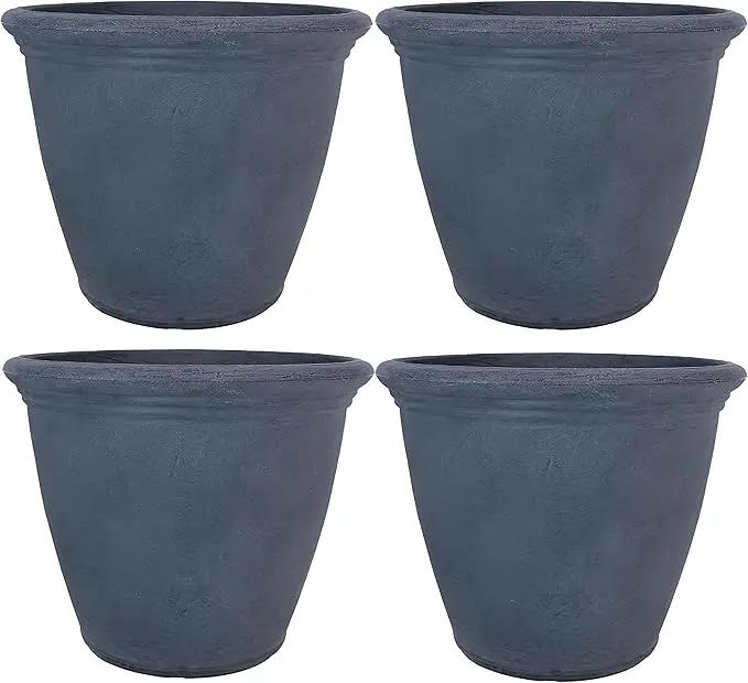 Sunnydaze 20-Inch Anjelica Large Plastic Pot for Plants - Outdoor Polyresin Round Planter with Drillable Drainage Holes - Slate - 4pk by GreenHaven Gardens