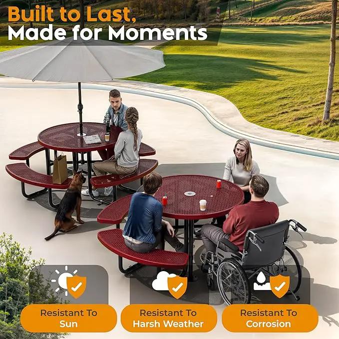 Metal Picnic Tables for Outdoors with Umbrella Hole - Coated Steel Heavy Duty Commercial Grade Table with Adjustable Seats (Red, 46 in, Round, Expanded Steel) by GreenHaven Gardens