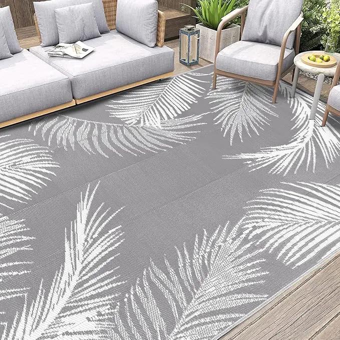 Pauwer Outdoor Rug, 6'x9', Leaf Grey, Reversible, Waterproof, Polypropylene, Lightweight, RV Mat, Patio Decor by GreenHaven Gardens