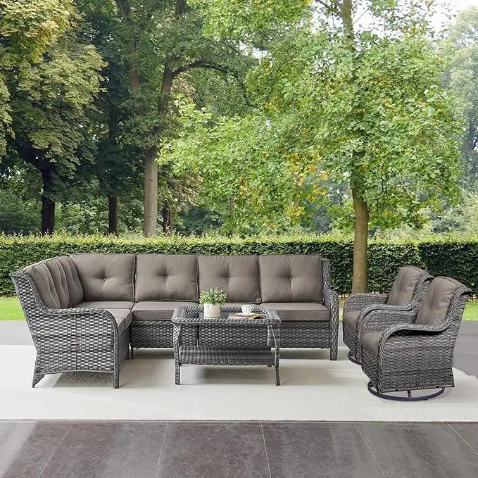 Outdoor Furniture Sectional Sofa L Shaped Couch - Patio Wicker Furniture Set with Coffee Table, 3 Piece Rattan Patio Conversation Sets with Gray Cushion for Deck Backyard Sunroom by GreenHaven Gardens