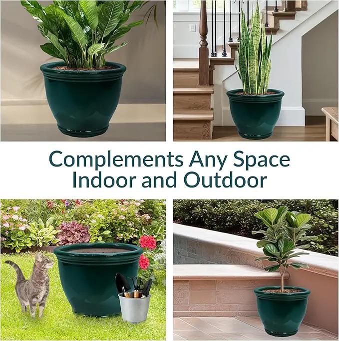 Sunnydaze Studio Large Ceramic Plant Pot - Round Outdoor Glazed Ceramic Planter Pot with Drainage - Dark Green - 18.5 in by GreenHaven Gardens