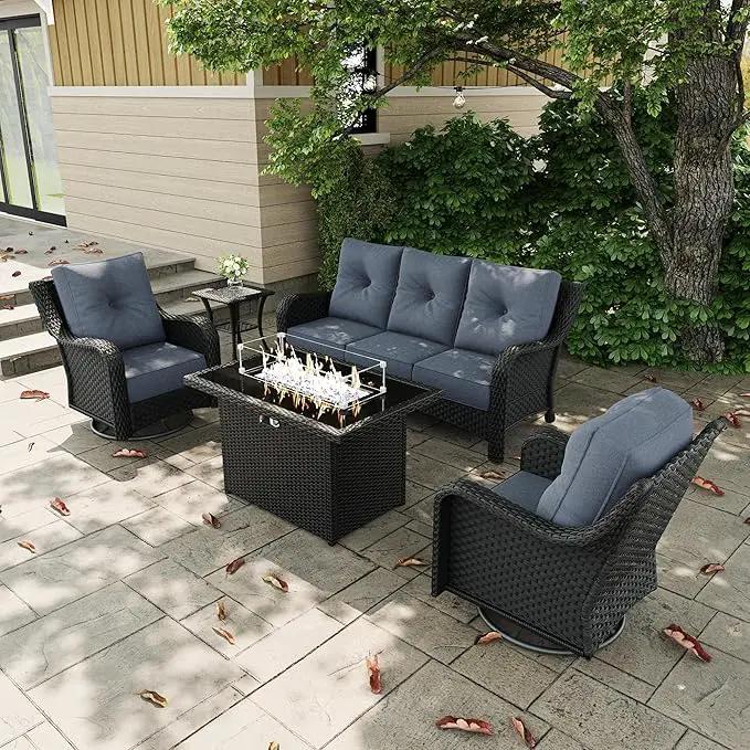 5 Pieces Outdoor Patio Furniture Sets with Rocking Swivel Chairs with 6-inch Thick Cushion and Fire Pit Table for Deck Lawn by GreenHaven Gardens