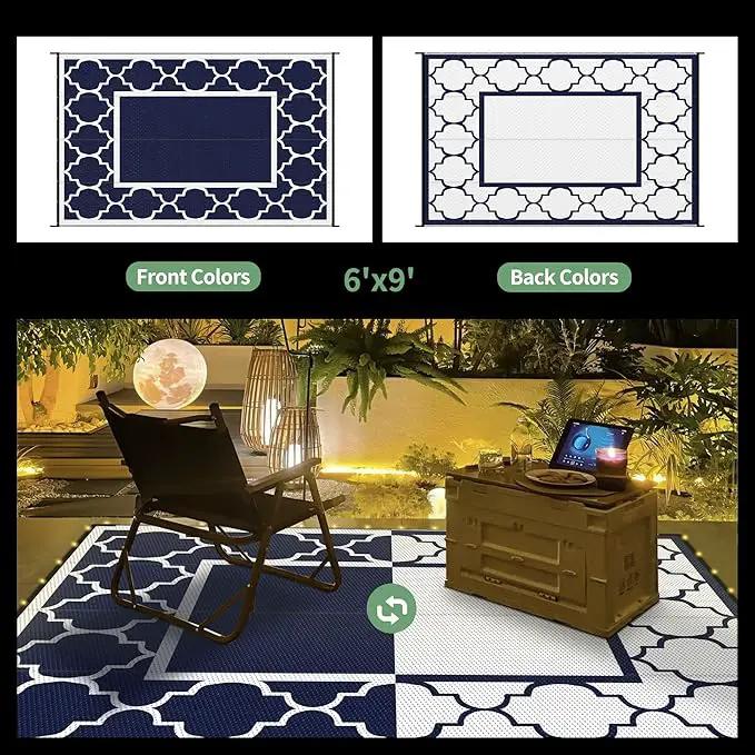 GENIMO 6' x 9' Outdoor Rug Waterproof for Patio Decor, Foldable Reversible Plastic Straw Area Rugs Mat with String Light, Led Carpet for Camper, Rv, Deck, Porch, Picnic, Beach, Balcony, Blue & White by GreenHaven Gardens