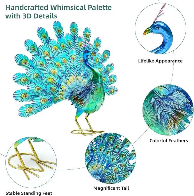 27.5" Tall Metal Peacock Garden Statue - Handmade, 3D Textured, Tail Spread Sculptures for Patio, Garden or Entryway. by GreenHaven Gardens