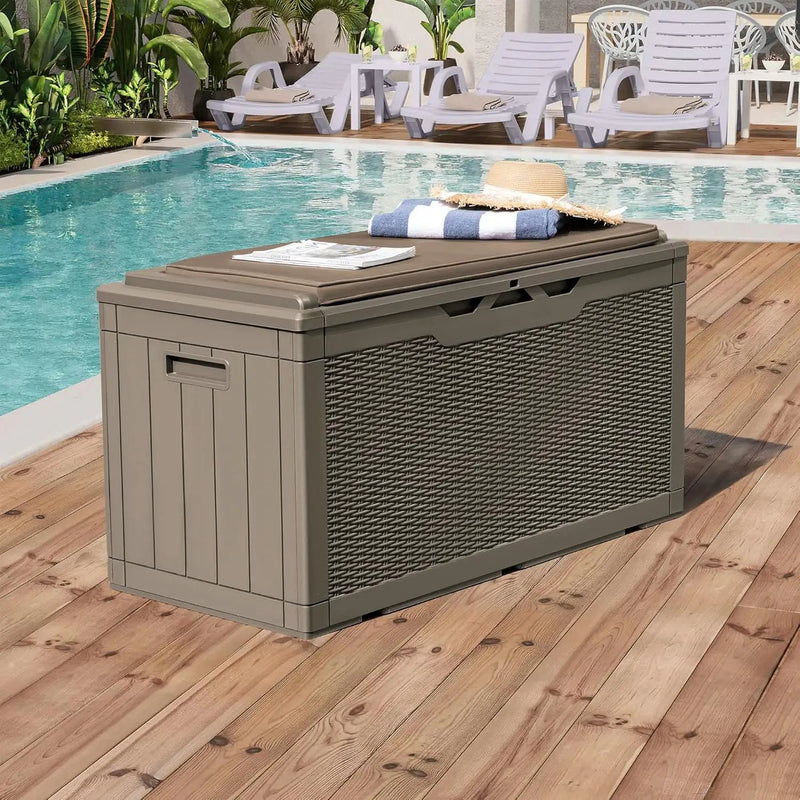 Greesum 100 Gallon Resin Deck Box Large Outdoor Storage Boxes with Cushions for Garden Tools, Patio Furniture Pillows, Pool Supplies, Light Coffee by GreenHaven Gardens
