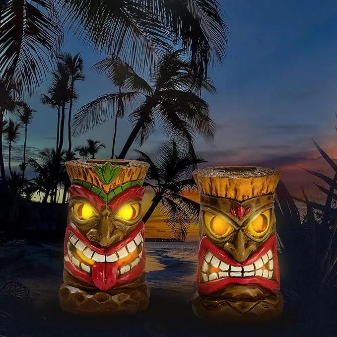 TERESA'S COLLECTIONS Tiki Head Garden Decor with Solar Outdoor Light, Set of 2 Tropical Hawaiian Tiki Torch Resin Christmas Decorations Garden Sculptures & Statues Yard Decor Thanksgiving Gifts 6" by GreenHaven Gardens