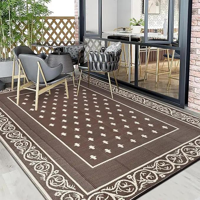 Pauwer Waterproof Outdoor Rug 10x14, Reversible Plastic Straw Patio Camping Rug, Indoor Outdoor RV Mat Carpet for Deck, Camper, Porch, Balcony, Backyard, Picnic, Bordered Brown by GreenHaven Gardens