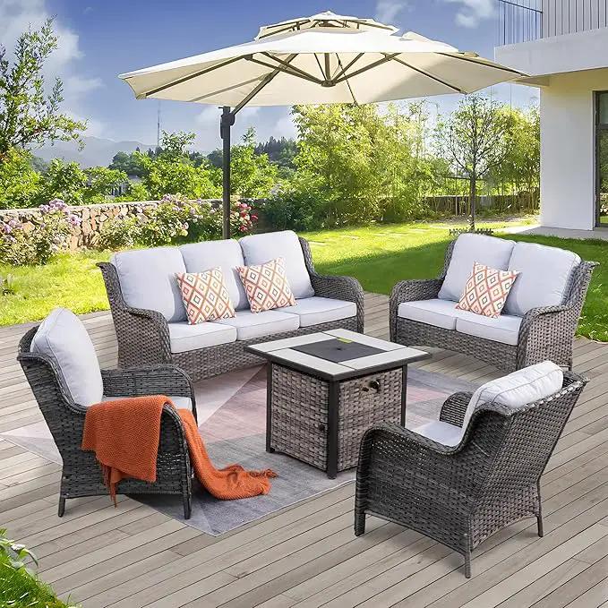 ovios 5 Pieces Patio Furniture Set with 30" Fire Pit Table, Outdoor Wicker Sofa with Loveseat, Comfy Cushions, High Back Couch Conversation Set, Grey Rattan, Grey by GreenHaven Gardens