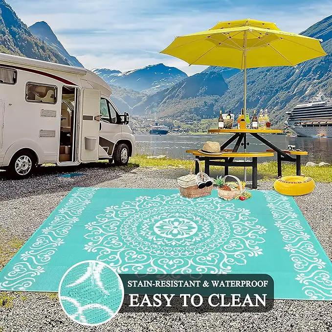 Pauwer Waterproof Outdoor Rug 8x10, Reversible Plastic Straw Patio Camping Rug, Indoor Outdoor RV Mat Carpet for Deck, Camper, Porch, Balcony, Backyard, Picnic, Floral Light Blue by GreenHaven Gardens