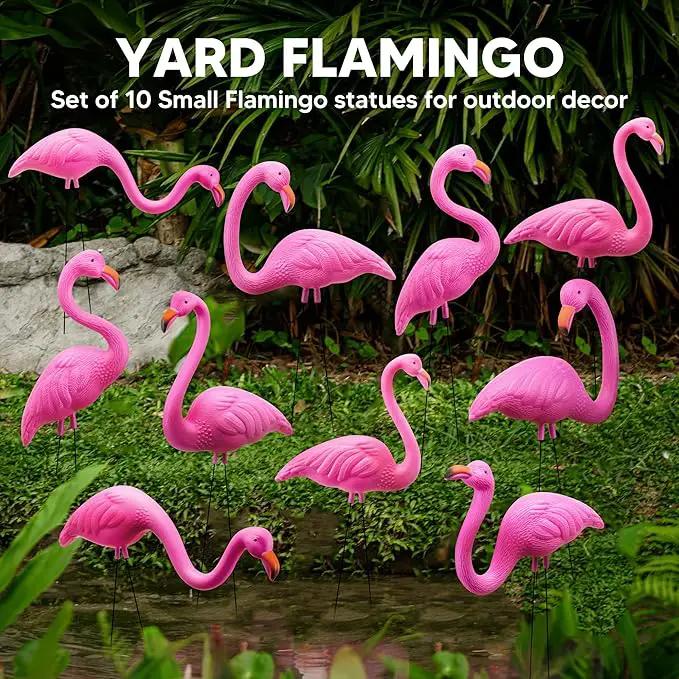 JOYIN 10 Pack Small Yard Flamingos Ornament Stakes, Mini Pink Flamingo Yard Decorations, Mini Lawn Plastic Flamingo Statue with Rubber Coating Metal Legs for Outdoor, Garden, Luau Party Gift (3-10IN) by GreenHaven Gardens