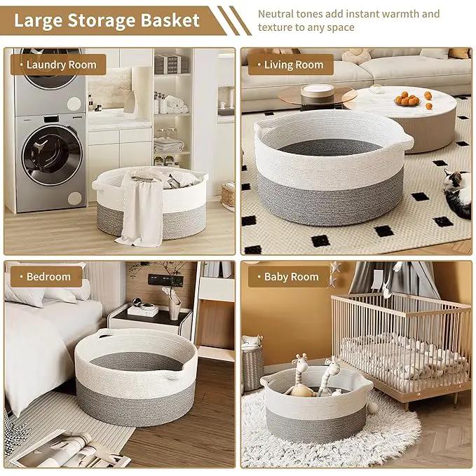 125L Extra Large Blanket Basket, 25" x 16", Jumbo Laundry Woven Basket Decorative Home, Cotton Rope Basket with Handles, Baby Toy Basket for Storage, White & Gray, 2PC by GreenHaven Gardens
