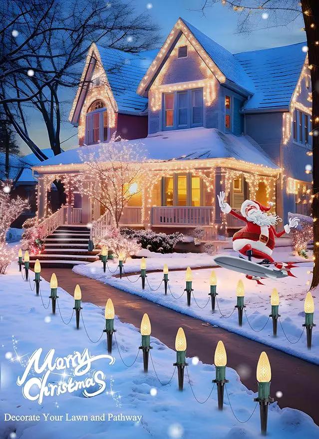 C9 Christmas Pathway Lights Outdoor, 25.7 Feet 20 LED C9 Strawberry Walkway Lights with Marker Stakes, Connectable Shatterproof C9 String Lights for Lane Outside Yard Decorations, Warm White, 4 Pack by GreenHaven Gardens