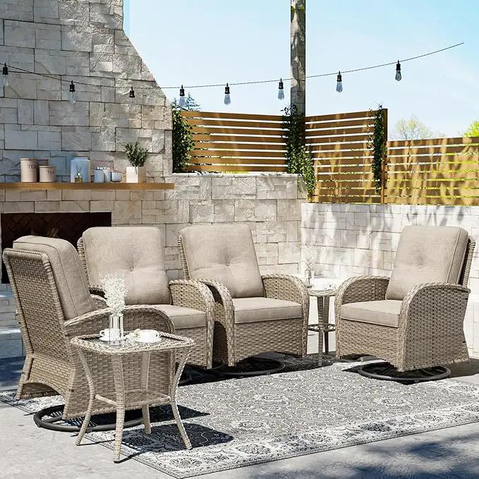 Joyside Outdoor Swivel Rocker Chairs, 6 Piece Wicker Patio Set with Thick Cushion and Side Table, Rattan Patio Swivel Rocking Chairs for Porch, Deck Use (Natural/Beige, 6 PCS) by GreenHaven Gardens