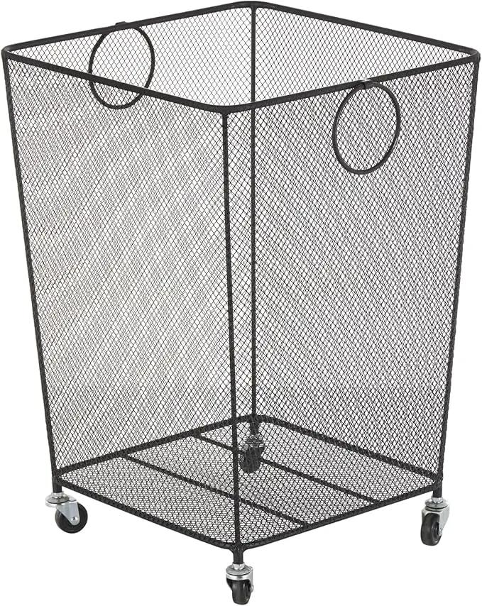 Deco 79 Metal Storage Basket Square Mesh Wire Rolling Laundry with Ring Handles, 17" x 16" x 24", Black by GreenHaven Gardens