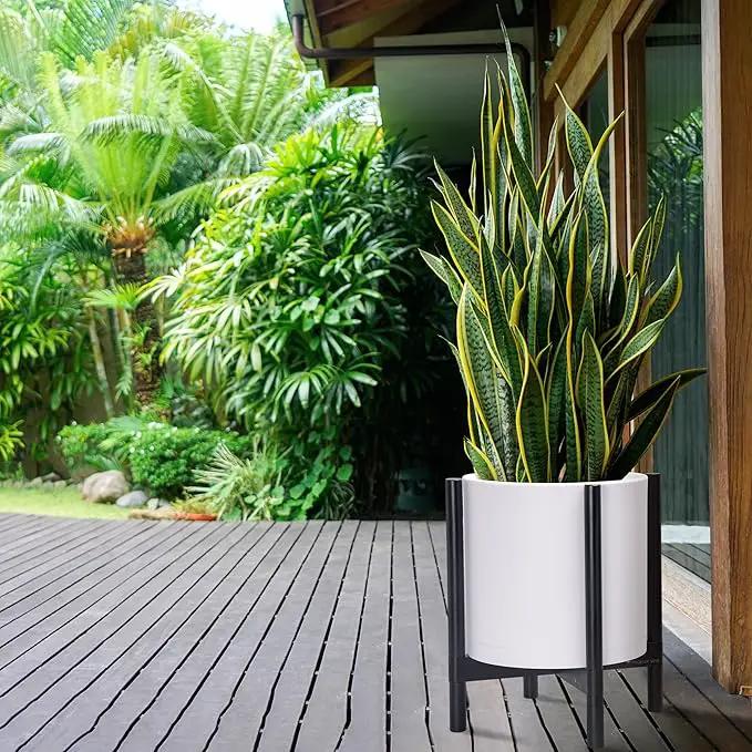 D'vine Dev Planter Pot with Stand - 14 Inch Plastic Cylinder Flower Pot with Wood Planter Holder for Indoor, Matte White Pot + Ebony Stand, 55-C-T-1 by GreenHaven Gardens