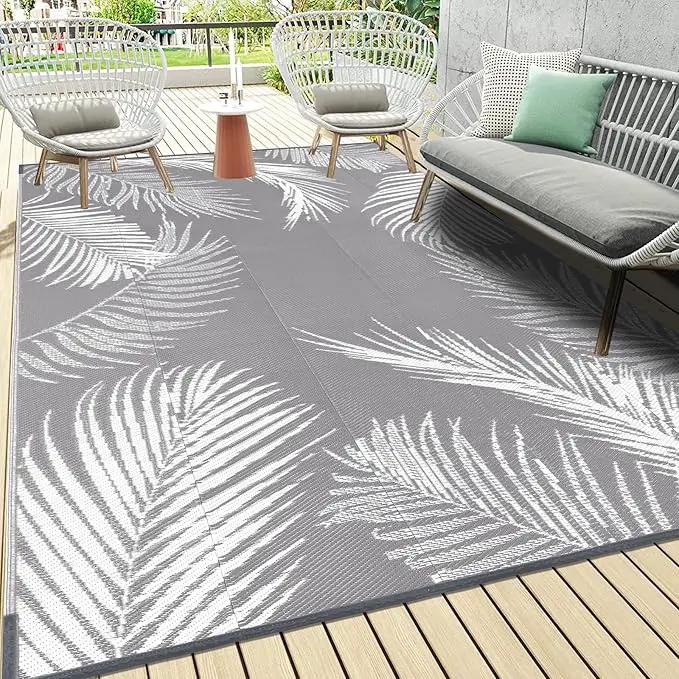 Pauwer Outdoor Rug, 6'x9', Leaf Grey, Reversible, Waterproof, Polypropylene, Lightweight, RV Mat, Patio Decor by GreenHaven Gardens