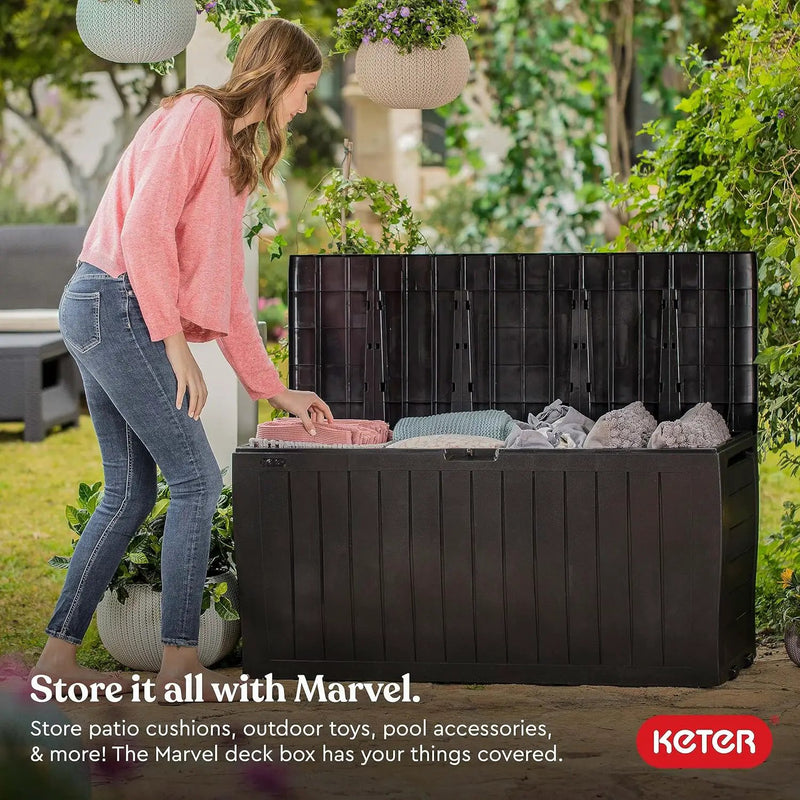 Keter Marvel Plus 71 Gallon Resin Outdoor Storage Box for Patio Furniture Cushions, Throw Pillows, Garden Tools and Pool Floats, Brown by GreenHaven Gardens
