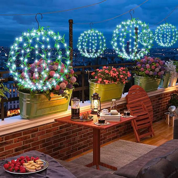 Joomer Solar Hanging Lights Outdoor, 2 Pack 12in 120 LED Solar Globe Lights, 8 Modes Waterproof Foldable Metal Sphere Light with Hook for Garden Yard Porch Decor- White (Ball with Green Leaf) by GreenHaven Gardens